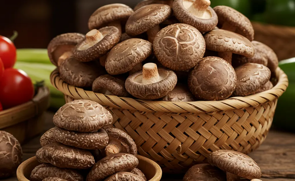 A vibrant display of fresh, earthy shiitake mushrooms and dried shiitake mushrooms neatly arranged on a rustic stall at a bustling farmer's market, illustrating where to buy shiitake mushrooms for various culinary needs.