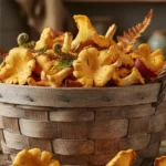 A beautifully arranged basket brimming with fresh, golden chanterelle mushrooms, ready for shoppers to buy chanterelle mushrooms.
