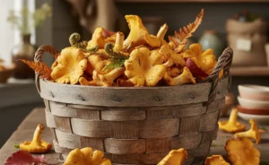 A beautifully arranged basket brimming with fresh, golden chanterelle mushrooms, ready for shoppers to buy chanterelle mushrooms.