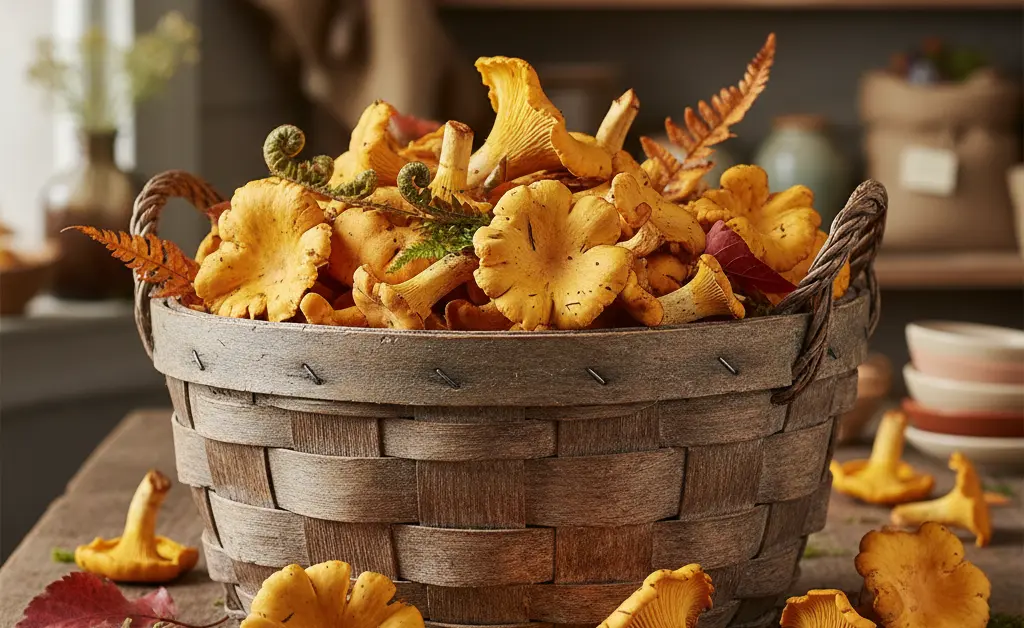A beautifully arranged basket brimming with fresh, golden chanterelle mushrooms, ready for shoppers to buy chanterelle mushrooms.