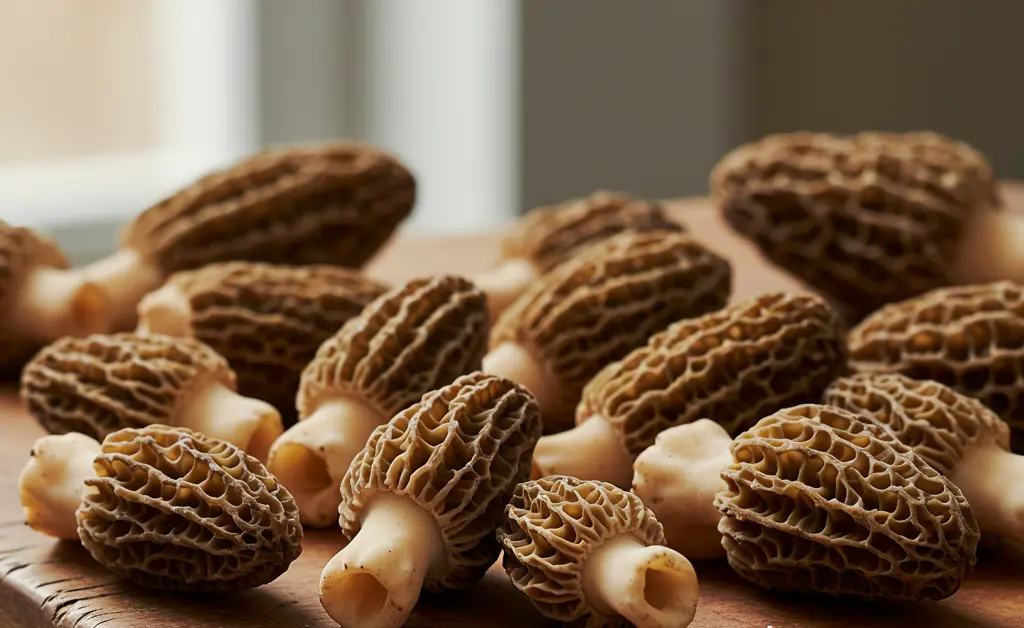 A close-up, artfully arranged selection of fresh, premium morel mushrooms ready for a discerning home chef to Buy Morel Mushrooms.