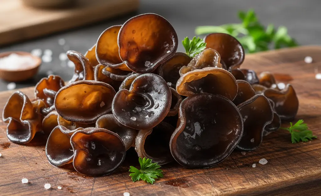 A visually appealing arrangement of fresh wood ear mushrooms on a rustic wooden surface, prompting the question, can you eat raw wood ear mushroom.
