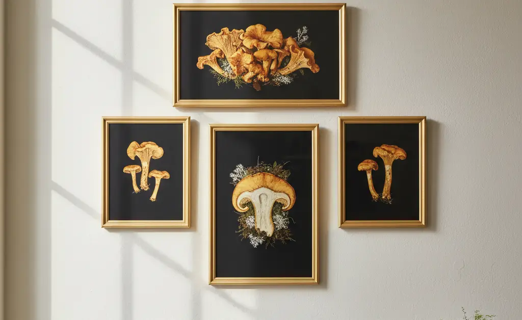 A beautifully framed piece of chanterelle mushroom art displayed on a minimalist wall.