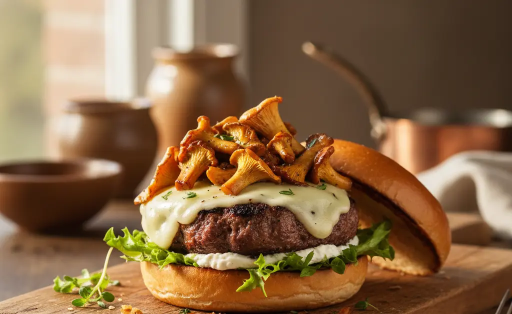 A beautifully plated chanterelle mushroom burger recipe is presented, showcasing sautéed golden mushrooms on a gourmet bun.