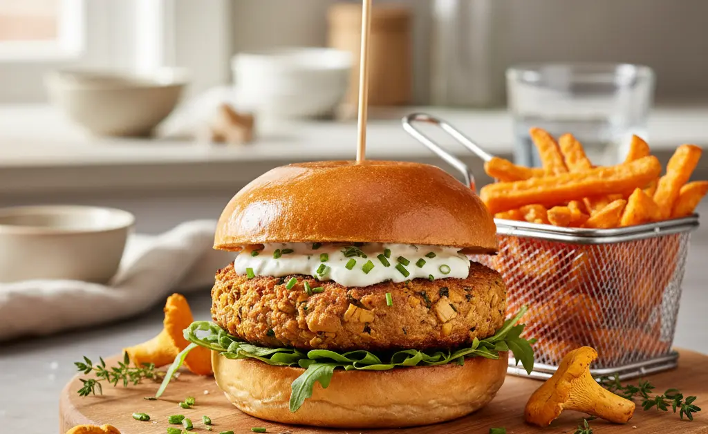 A gourmet chanterelle mushroom burger recipe is presented on a rustic wooden board.