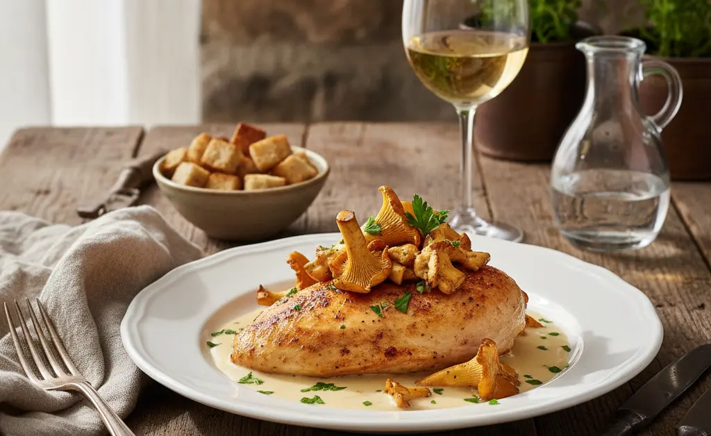 A beautifully plated creamy chanterelle mushroom chicken recipe with fresh herbs.
