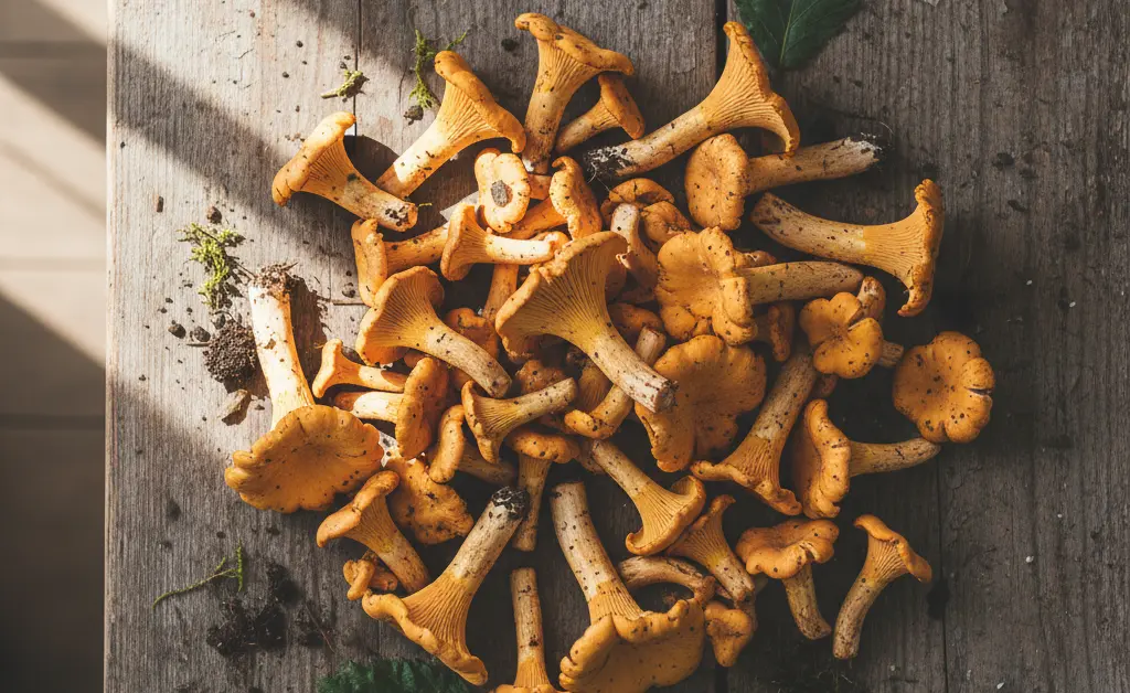 A close-up, editorial photograph showcasing the initial steps of a chanterelle mushroom cleaning guide, with fresh mushrooms on a rustic wooden surface.