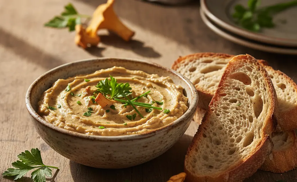 A beautifully plated chanterelle mushroom dip recipe served warm with crusty bread.