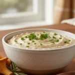 A beautifully presented bowl of chanterelle mushroom dip recipe, garnished with fresh herbs, sits on a rustic wooden table.