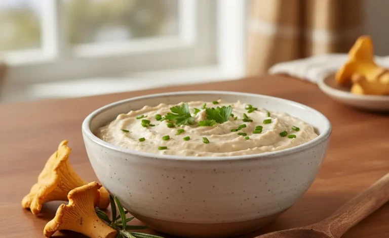 A beautifully presented bowl of chanterelle mushroom dip recipe, garnished with fresh herbs, sits on a rustic wooden table.