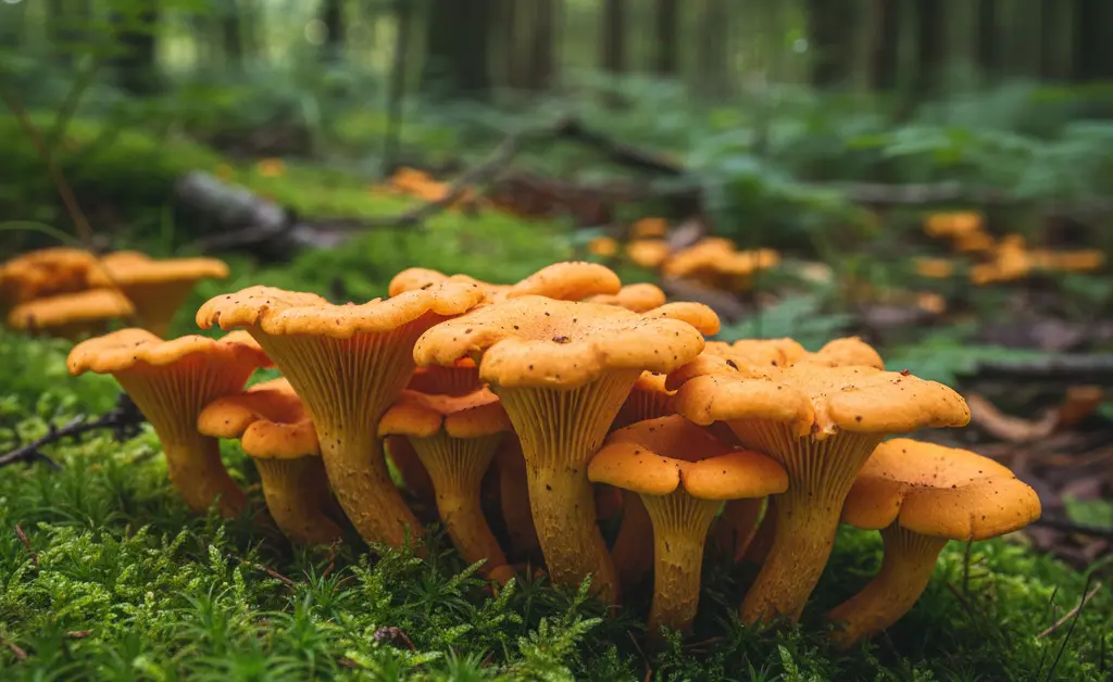 A close-up, photorealistic image of a bright orange chanterelle mushroom nestled amongst damp forest floor debris, evoking the atmosphere of finding chanterelle mushroom divinity 2.