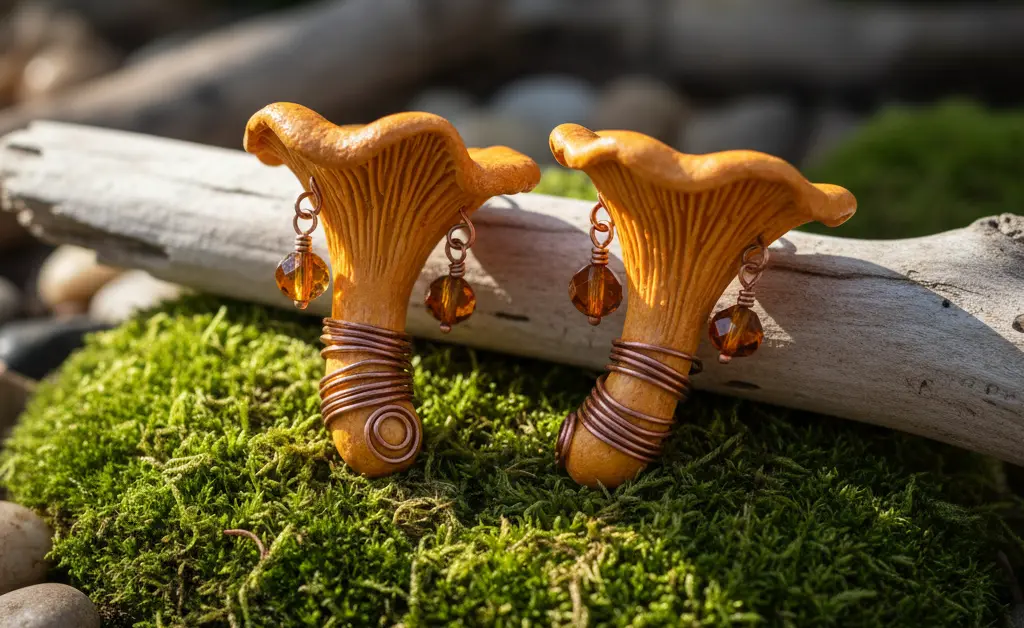 A close-up editorial shot showcases intricate chanterelle mushroom earrings designs, highlighting their delicate craftsmanship and natural aesthetic.