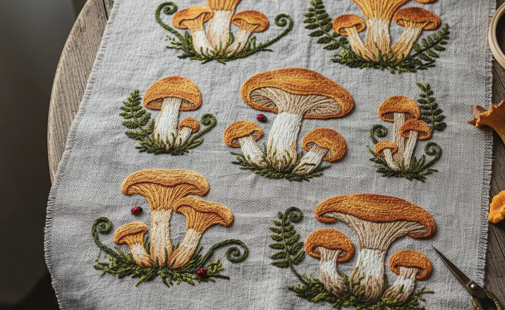 A close-up, artistic photograph showcasing various intricate chanterelle mushroom embroidery patterns laid out on a textured, natural linen fabric.