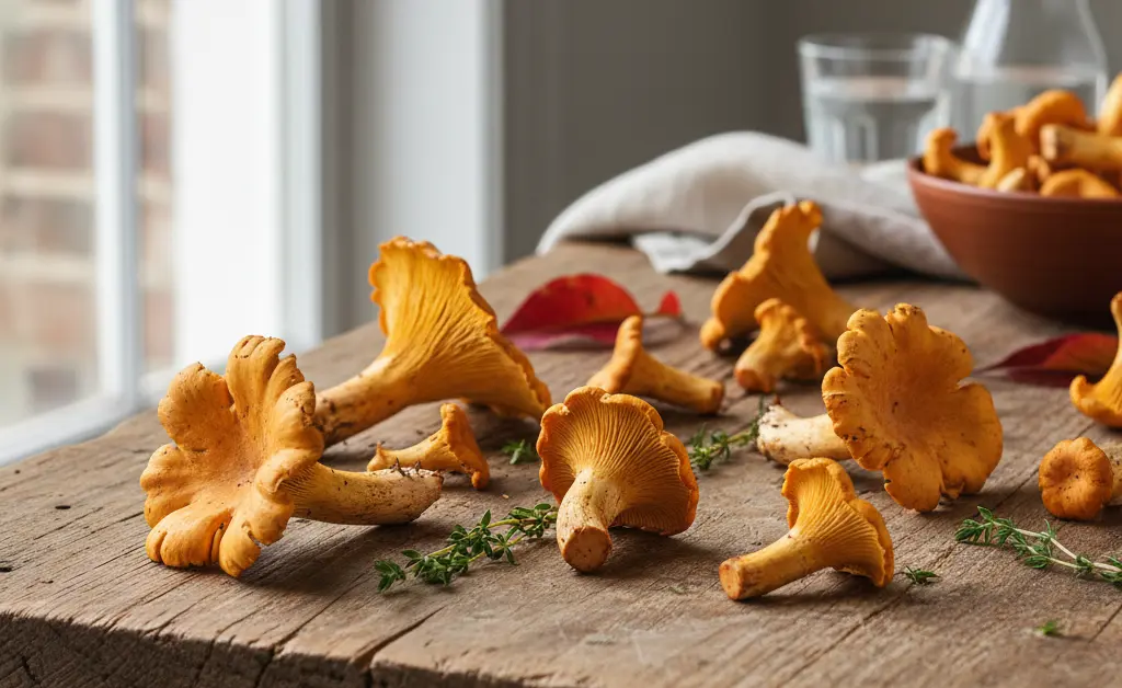 A visually stunning display showcasing chanterelle mushroom facts, with golden chanterelle mushrooms artfully arranged on a rustic wooden surface, bathed in soft natural light.