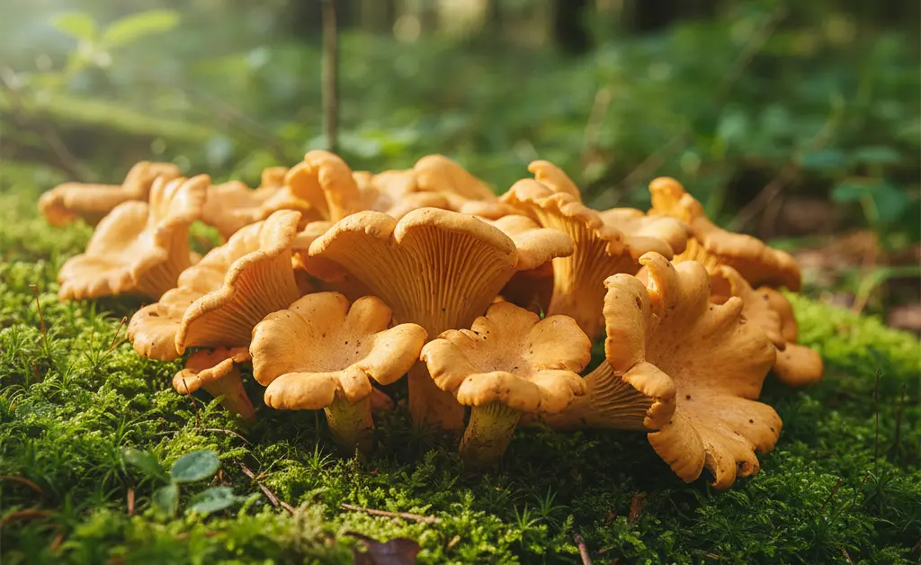 A visually appealing arrangement showcasing the vibrant golden hue of a fresh chanterelle mushroom alongside earthy forest elements.