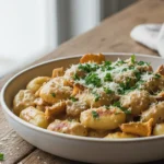 A delicious overhead shot of a bowl showcasing the final chanterelle mushroom gnocchi recipe.