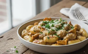A delicious overhead shot of a bowl showcasing the final chanterelle mushroom gnocchi recipe.