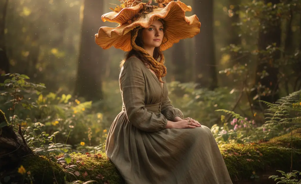 A woman proudly wearing an intricately detailed chanterelle mushroom hat, showcasing unique chanterelle mushroom hat designs.