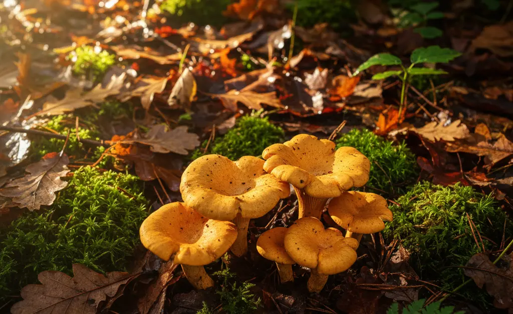 A detailed chanterelle mushroom identification guide showcasing vibrant golden chanterelles in a forest setting.