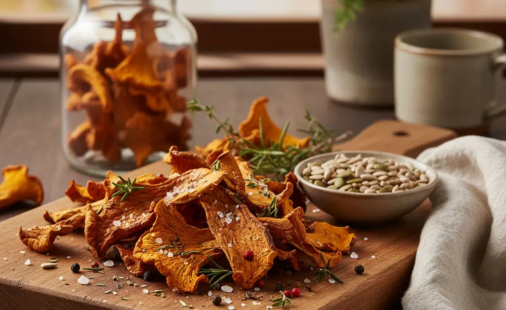 A beautifully arranged platter showcasing a chanterelle mushroom jerky recipe, highlighting the dried texture and rich color of the gourmet snack.