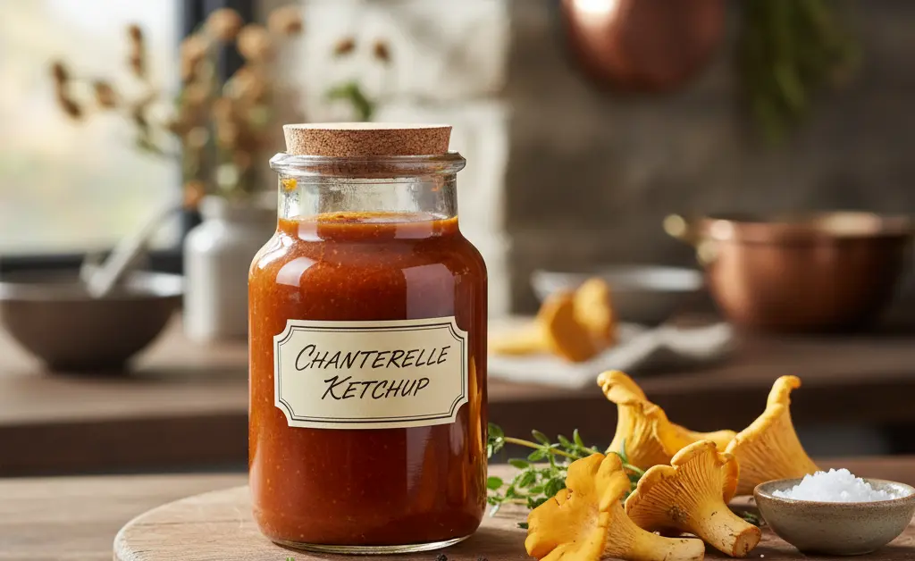 A close-up shot showcases a gourmet jar filled with rich chanterelle mushroom ketchup, perfect for a chanterelle mushroom ketchup recipe.