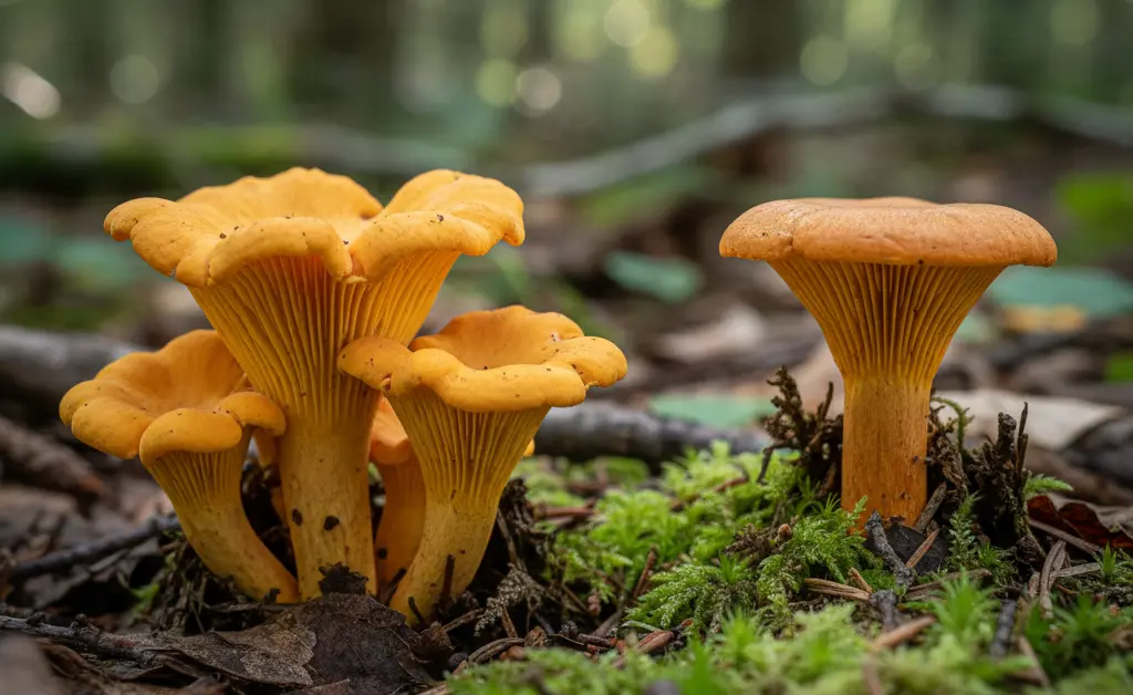 A detailed close-up shot comparing a true chanterelle mushroom next to a chanterelle mushroom look alike, highlighting subtle differences in their gills and caps.