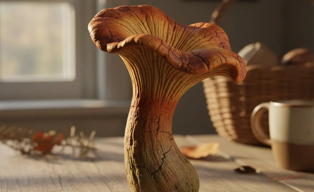 A beautifully crafted chanterelle mushroom ornament is displayed on a rustic wooden surface, evoking natural elegance.