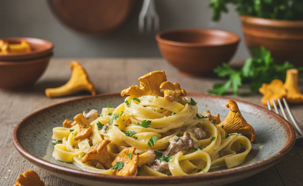 A close-up, visually appealing shot showcasing a perfectly plated chanterelle mushroom pasta recipe, highlighting the golden mushrooms and fresh herbs.