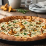 A delicious chanterelle mushroom pizza recipe featuring golden-brown crust, fresh herbs, and scattered chanterelle mushrooms.