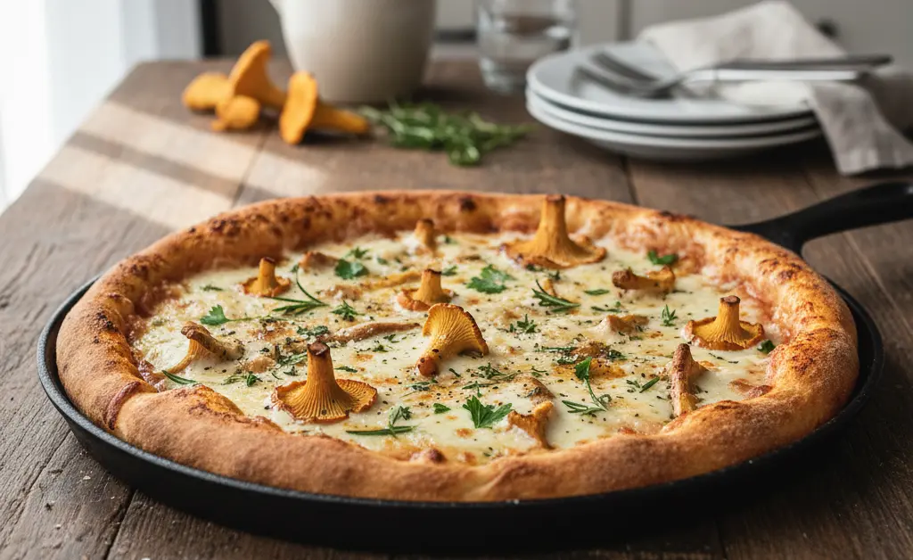 A delicious chanterelle mushroom pizza recipe featuring golden-brown crust, fresh herbs, and scattered chanterelle mushrooms.