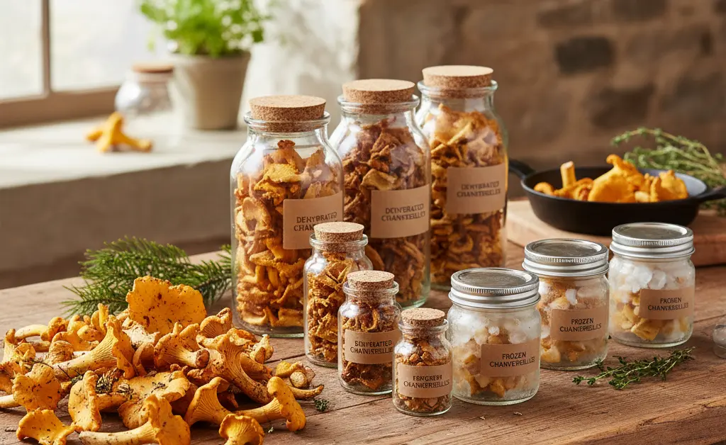 An overhead shot showcasing various stages of chanterelle mushroom preservation, from fresh fungi to dried and frozen portions.