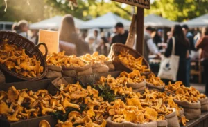 A beautiful display of freshly harvested chanterelle mushrooms, highlighting the chanterelle mushroom price.