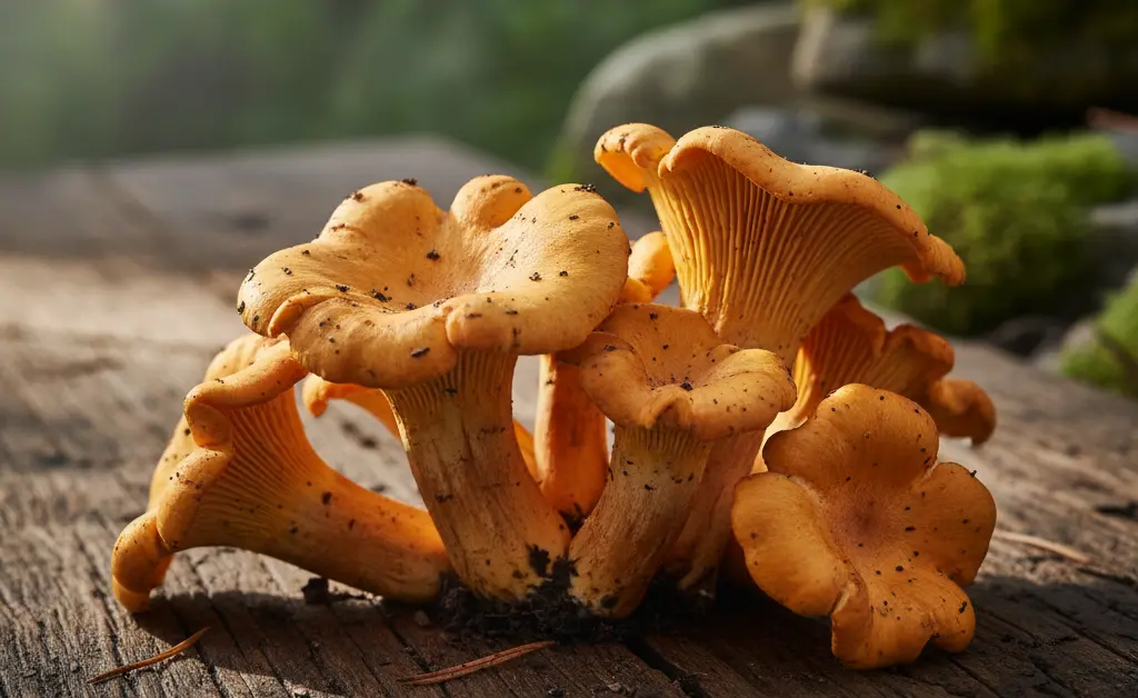 A close-up, photorealistic image showcasing vibrant orange chanterelle mushrooms, representing a chanterelle mushroom pronunciation guide.