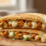A delicious chanterelle mushroom quesadilla recipe showcases golden-brown, crispy quesadillas filled with sautéed chanterelles and cheese, served on a rustic wooden board.