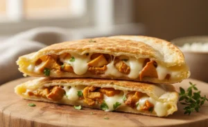 A delicious chanterelle mushroom quesadilla recipe showcases golden-brown, crispy quesadillas filled with sautéed chanterelles and cheese, served on a rustic wooden board.