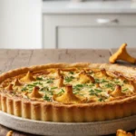 A beautifully baked chanterelle mushroom quiche recipe sits on a rustic wooden table, bathed in soft natural light.