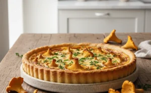 A beautifully baked chanterelle mushroom quiche recipe sits on a rustic wooden table, bathed in soft natural light.