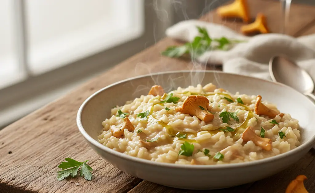 A perfectly plated bowl of creamy chanterelle mushroom risotto recipe, garnished with fresh herbs.