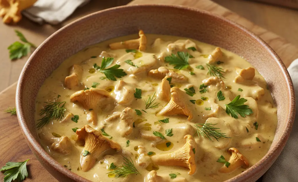 A close-up, photorealistic overhead view of a richly prepared chanterelle mushroom sauce recipe, showcasing golden chanterelles and herbs in a creamy sauce.