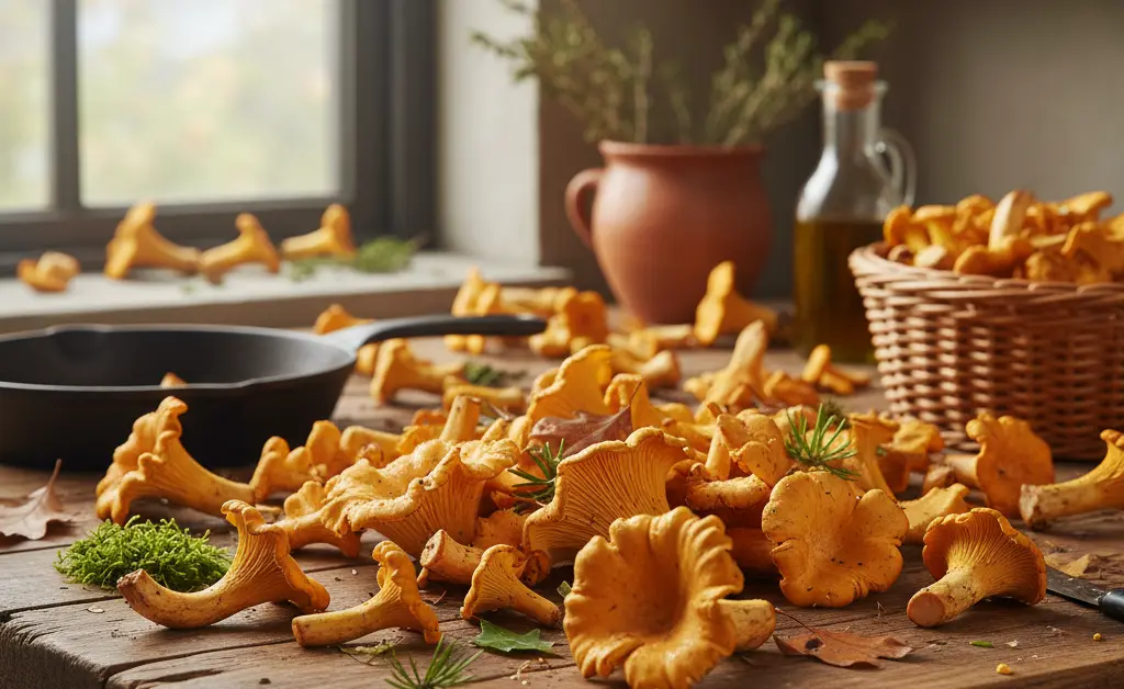 A rustic wooden table displays a collection of freshly foraged chanterelle mushrooms, providing a visual representation of the chanterelle mushroom scientific name.