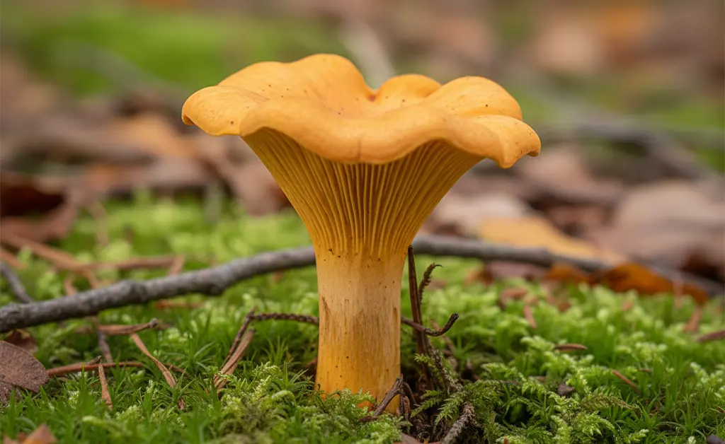 A beautifully detailed close-up photograph showcases the distinct features of a chanterelle mushroom, emphasizing the importance of knowing its chanterelle mushroom scientific name for accurate identification and study.