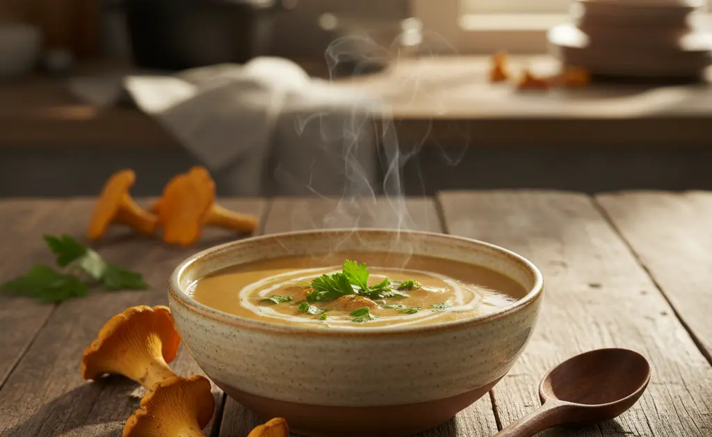 A beautifully presented bowl of creamy chanterelle mushroom soup recipe, garnished with fresh herbs.