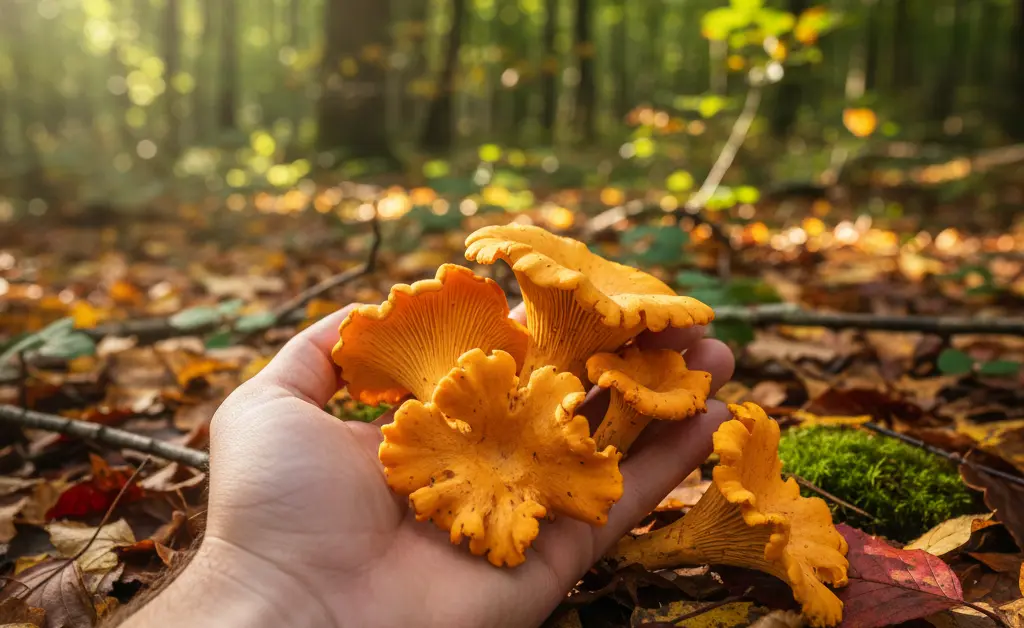 A beautiful outdoor scene showcasing the foraging process for chanterelle mushroom stardew valley in a forest setting.