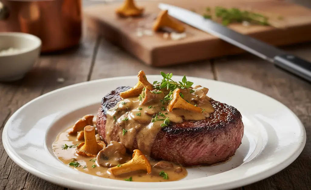 A perfectly cooked steak served with a decadent creamy chanterelle mushroom sauce, representing a delicious chanterelle mushroom steak recipe.
