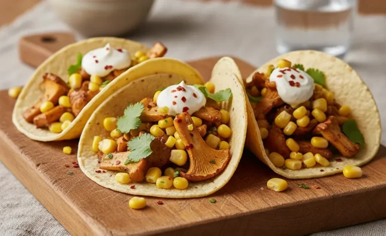 A beautifully plated dish showcasing delicious chanterelle mushroom tacos recipe, garnished with fresh cilantro and a drizzle of crema.
