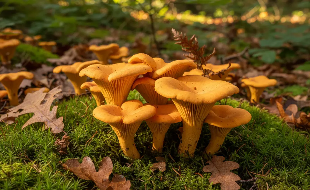 A close-up, beautifully lit photograph showcases the chanterelle mushroom the forest game, highlighting its delicate texture and vibrant color in a natural woodland setting.