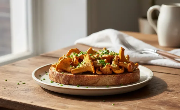 A beautifully plated chanterelle mushroom toast recipe showcases golden sauteed chanterelles atop crispy artisanal toast, garnished with fresh herbs.
