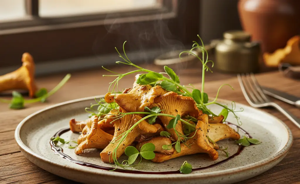 A beautifully plated vegan dish featuring pan-seared chanterelle mushroom vegan recipes, garnished with fresh herbs.