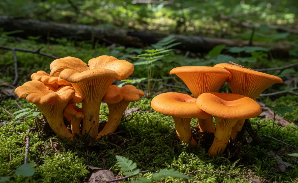 A close-up photograph showcasing the distinct visual differences between an edible chanterelle mushroom vs jack o lantern, highlighting their unique cap shapes and stem textures for identification.