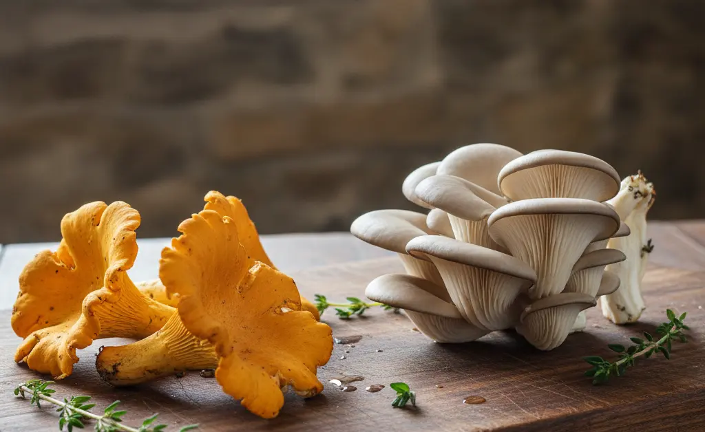 A visually clear comparison showing chanterelle mushroom vs oyster, side-by-side on a rustic wooden surface, highlighting their distinct shapes and colors.
